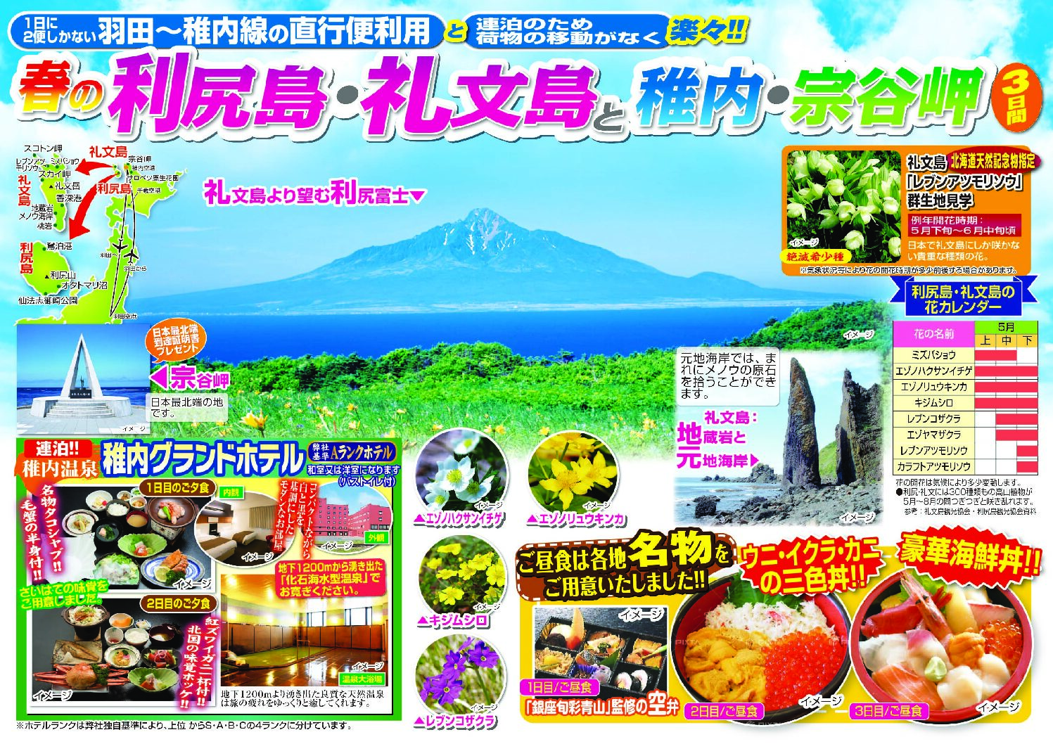 春の利尻島・礼文島と稚内・宗谷岬3日間 - 山陽エリア山陽エリア